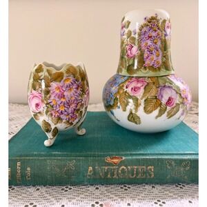 Limoges France Hand Painted Floral Porcelain Tumble Up Bedside Carafe & Egg Cup